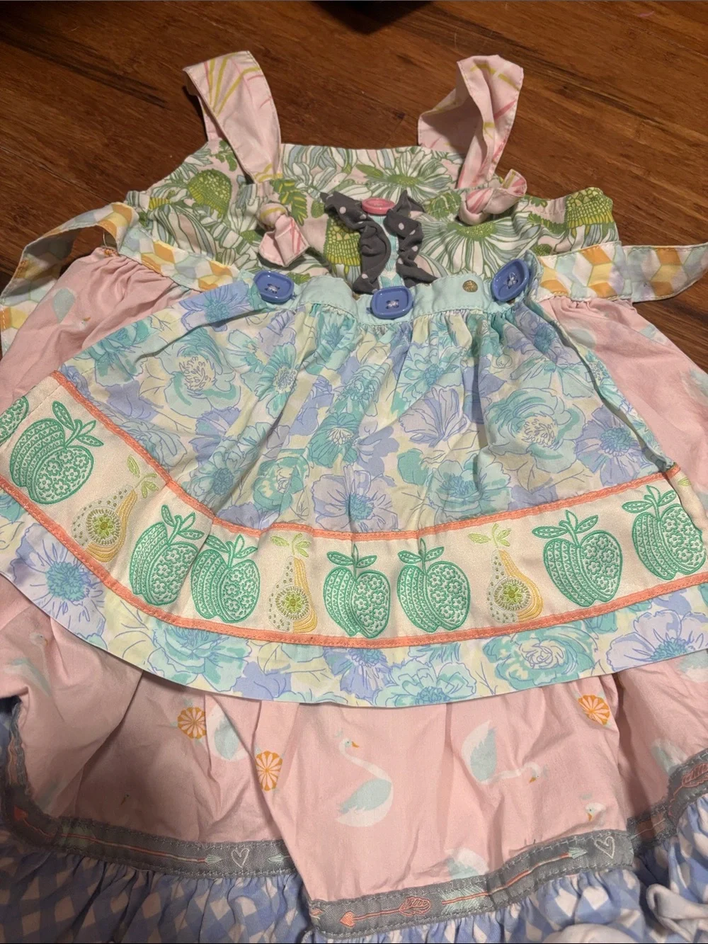 Matilda Jane Pastel Floral & Apple Print Layered Dress in Pink, Blue, Green